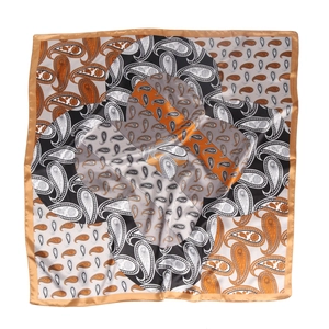 Vintage orange and black paisley satin square scarf displayed flat on a white background