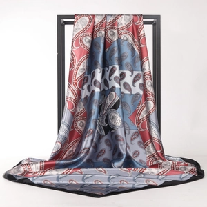 Retro paisley 90cm satin silk square scarf for women with red and blue patterns