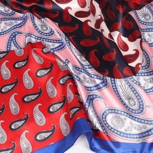 Classic paisley print silk-like satin square scarf with red and navy blue patchwork