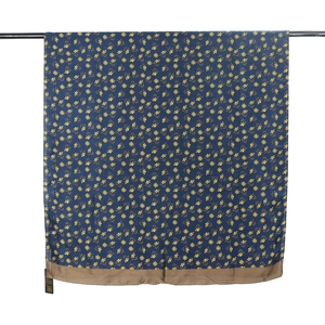 Navy blue floral silk scarf with yellow flower print and brown satin border trim