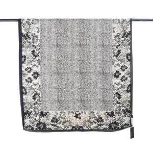 Floral print satin silk scarf in black and grey with refined pebbled texture pattern
