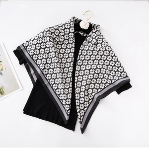 90cm black and white clover print silk twill scarf with striped border for women
