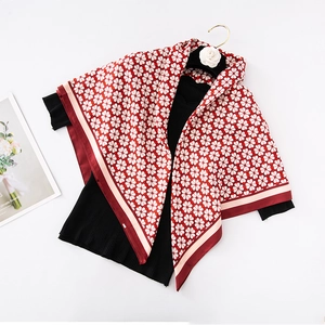90cm red floral twill square scarf styled on a striped top for sun protection