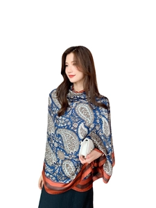 Long vintage blue paisley silk shawl wrap with caramel stripe border for women