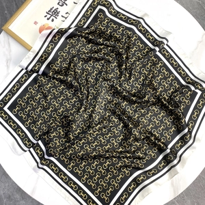 Silk square scarf with vintage golden horsebit print on black and white striped background
