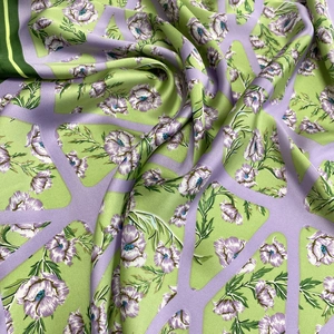 Elegant green floral satin scarf with lavender patterns and silk-like smooth texture
