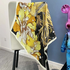 Floral satin silk scarf with bold lemon yellow and black fish scale patterns for women