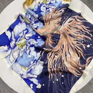 70cm elegant floral satin square scarf with blue peony and golden betta fish print