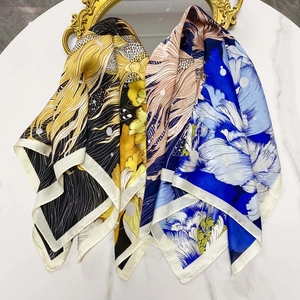 Elegant 70cm square silk scarf featuring abstract koi and floral patterns on marble
