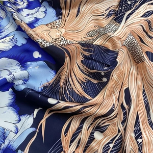 70cm high-density satin square scarf with elegant blue peony and orange koi fish patterns