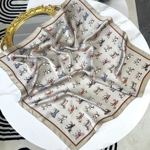 70cm elegant satin silk square scarf with colorful horse prints and brown border