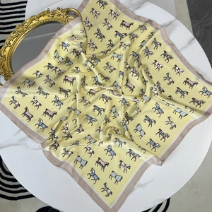 Elegant 70cm yellow satin silk scarf featuring classic equestrian horse print patterns