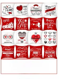 Detailed grid view of 16 Valentine's Day red and white pillow covers with festive patterns