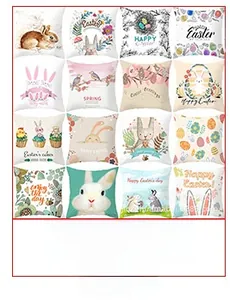 Collage of 16 Easter cushion covers with bunny, egg, and floral prints in a 4x4 layout