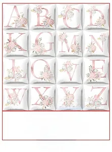 Collage of square pillowcases with rose gold floral alphabet prints on white fabric