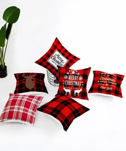 Set of six Christmas pillow covers featuring red plaid designs and festive reindeer motifs