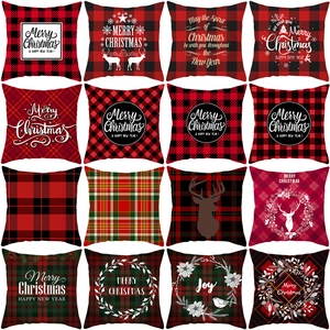 Christmas Pillowcase Peach Skin Fabric Red Plaid Deer Head Square Cushion Cover For Sofa Home Decor Decorative Pillow Case