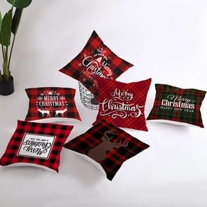 Set of 6 Christmas red buffalo plaid pillow covers with reindeer and snowflake patterns