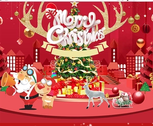Detail of red Christmas pillow cover featuring festive Santa, reindeer and tree patterns