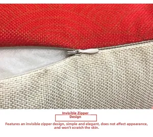 Detail of red geometric fabric and beige linen with invisible zipper on pillow cover