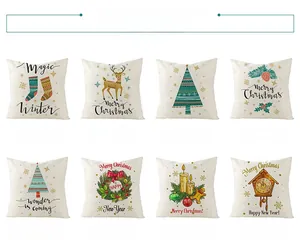 Detail view of eight Christmas polyester pillow covers with reindeer and tree patterns