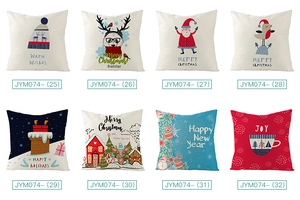 Detail view showing eight festive Christmas cartoon patterns on polyester pillow covers