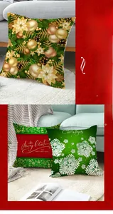 Close-up of green festive Christmas pillowcase patterns featuring snowflakes and floral designs