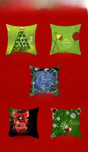 Close-up of five Christmas pillow covers with holiday trees and wreath patterns