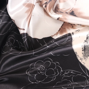 Elegant 90cm satin silk scarf with camellia floral print and vintage draping effect