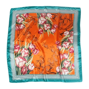 90cm Seiden-Satin-Viereckschal mit orangefarbenem Rand und bunten Tulpenmotiven