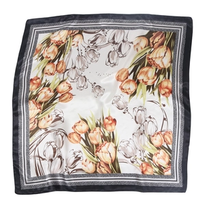 Eleganter 90cm Satin-Square-Schal mit Tulpenprint und schwarzem Rand auf weißem Grund