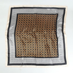 90cm square satin silk scarf featuring vintage black and grey geometric D-letter patterns