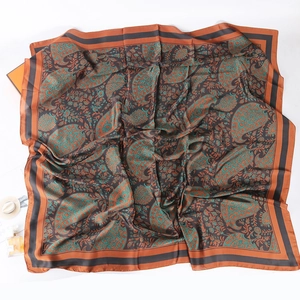 Retro paisley pattern 110cm silk satin square scarf with bright orange and blue accents