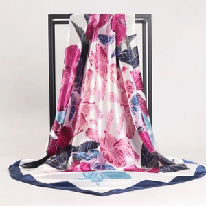 Women Large Square Satin Satin Feeling Scarf Floral Print Hibiscus Flower Headscarf Hijab Shawl Elegant Fashion Accessory