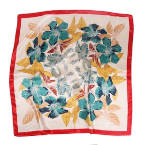 Tropical floral print satin square scarf with vibrant red borders and hibiscus pattern