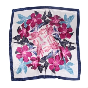 Elegant 90cm square silk scarf featuring blue borders and vibrant hibiscus floral print