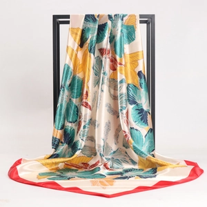 Elegant 90cm square silk scarf with abstract floral patterns and bright red border edges