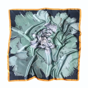 Elegant 90cm square silk scarf featuring blue background with green peony floral prints
