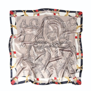 Classic equestrian chain print satin square scarf in champagne and navy blue