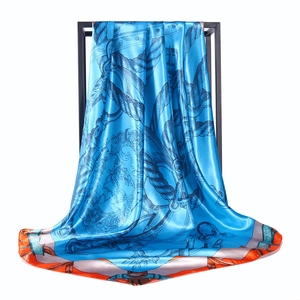 90cm square satin silk scarf with nautical rope chain print in blue and orange