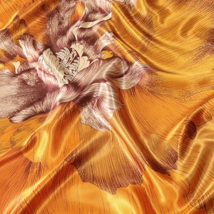 Elegant 90x90cm silk scarf with golden floral print featuring premium satin texture
