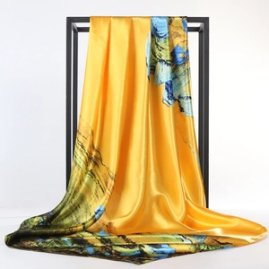 Women Large Satin Square Scarf Vintage Chinese Landscape Painting Printed Silky Hair Headwear Neck Shawl Fashion Accessories