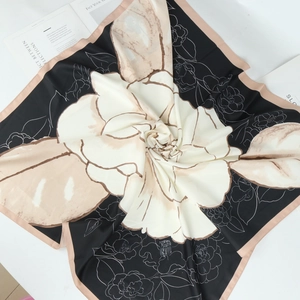 90cm twill satin square scarf with elegant camellia floral print in black and cream