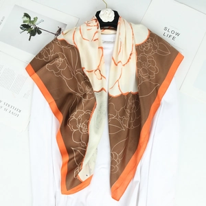 90cm silk satin square scarf with camellia floral print and geometric brown patterns