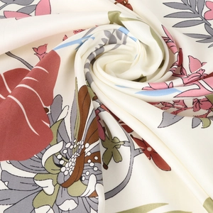 90cm silk-like satin twill square scarf with vibrant tropical floral and leaf prints