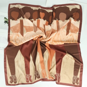 Artistic ballet silk satin square scarf with abstract dancers in vintage orange and brown