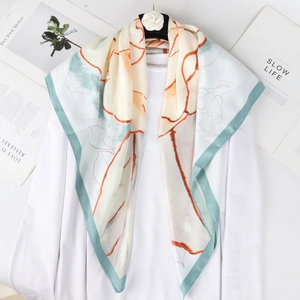90cm silk-like twill square scarf with vintage floral print in orange and mint green