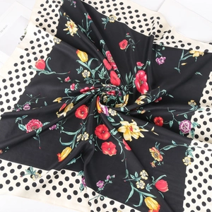 Retro floral silk square scarf with colorful flowers and black polka dot border design
