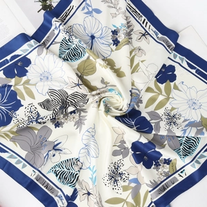 90cm floral twill satin square scarf with elegant blue botanical prints on white background