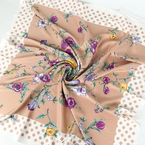 Floral twill satin square scarf in apricot with purple flowers and polka dot border